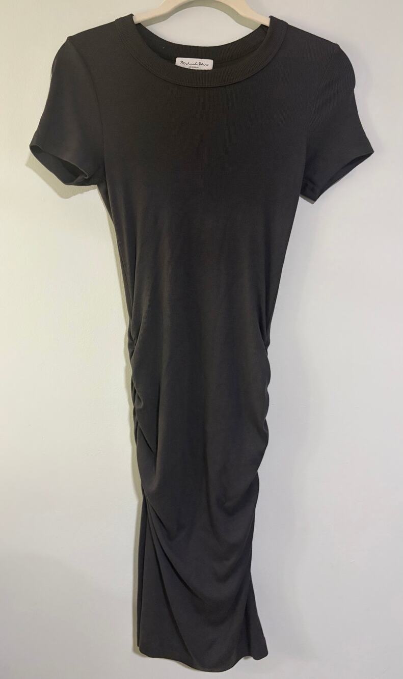 Michael Stars Black Ribbed Ruched Midi Dress Short Sleeve Size S